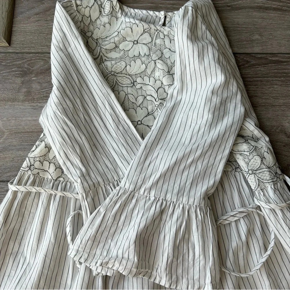 Isabel Maternity Floral Embroidery Pinstripes Bell  Sleeves Top - Picture 7 of 15